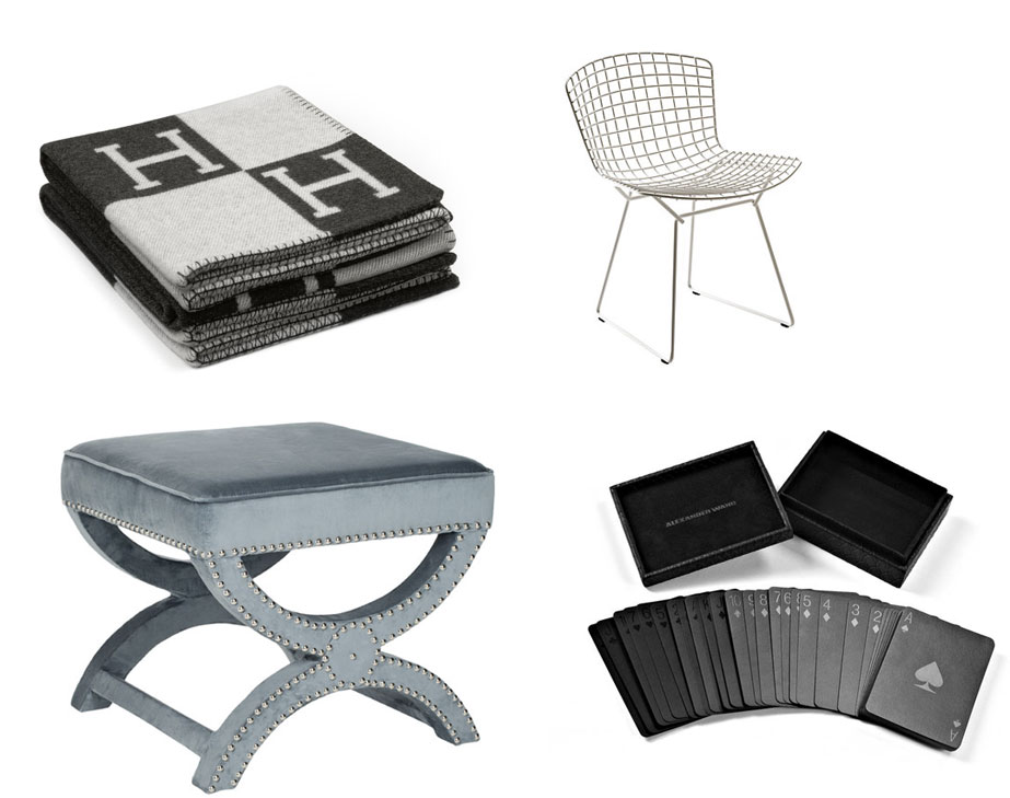 NYANSER AV GRÅTT: Kortspill fra Alexander Wang, krakk fra Safavieh Mystic Ottoman, Bertoia Side Chair eller H-teppet fra Hermes.