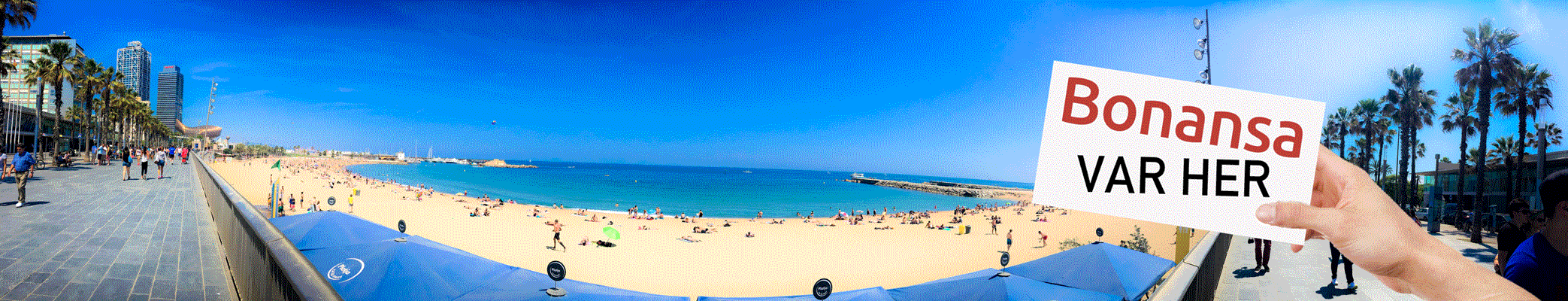 Dette er et panoramabilde fra midten av juni på Barceloneta i Barcelona. Du må gjerne ta et tilsvarende bilde av Eiffeltårnet i Paris, Big Ben i London, stranden din på Kreta eller fra fisketuren på hytten. FOTO: Linn Gjerstad