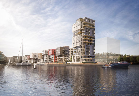 LITEN SKYSKRAPER: I 13. etasje i dette bygget ligger leiligheten som er på delt 12.-plass med Bergens-luksusen på Nordnes. FOTO: Wilhelmsen & Partnere AS