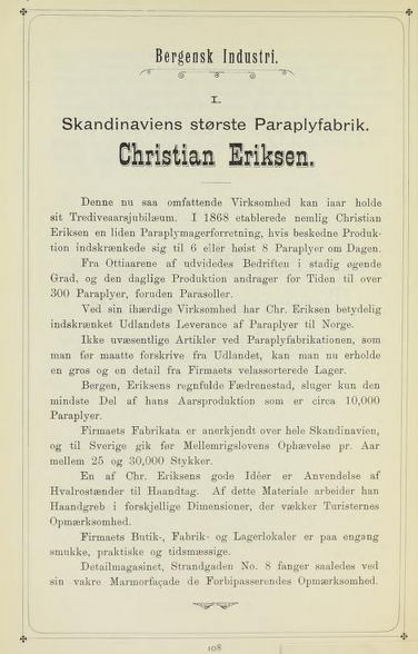 ANNONSE: Christian Eriksens paraplyforetak hadde denne helsides annonsen i Bergens by og Bergens mænd i 1898. 