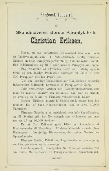 ANNONSE: Christian Eriksens paraplyforetak hadde denne helsides annonsen i Bergens by og Bergens mænd i 1898.