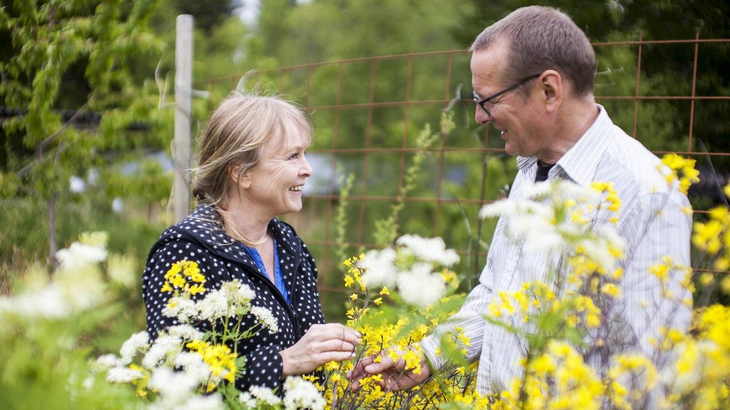 MATSIRKELEN: Linda Fossen og Øyvind Horvei har laget en sirkel av ulike planter på plenen. De kaller den for matsirkelen, for her kan nesten alt spises. FOTO: INGVILD FESTERVOLL MELIEN